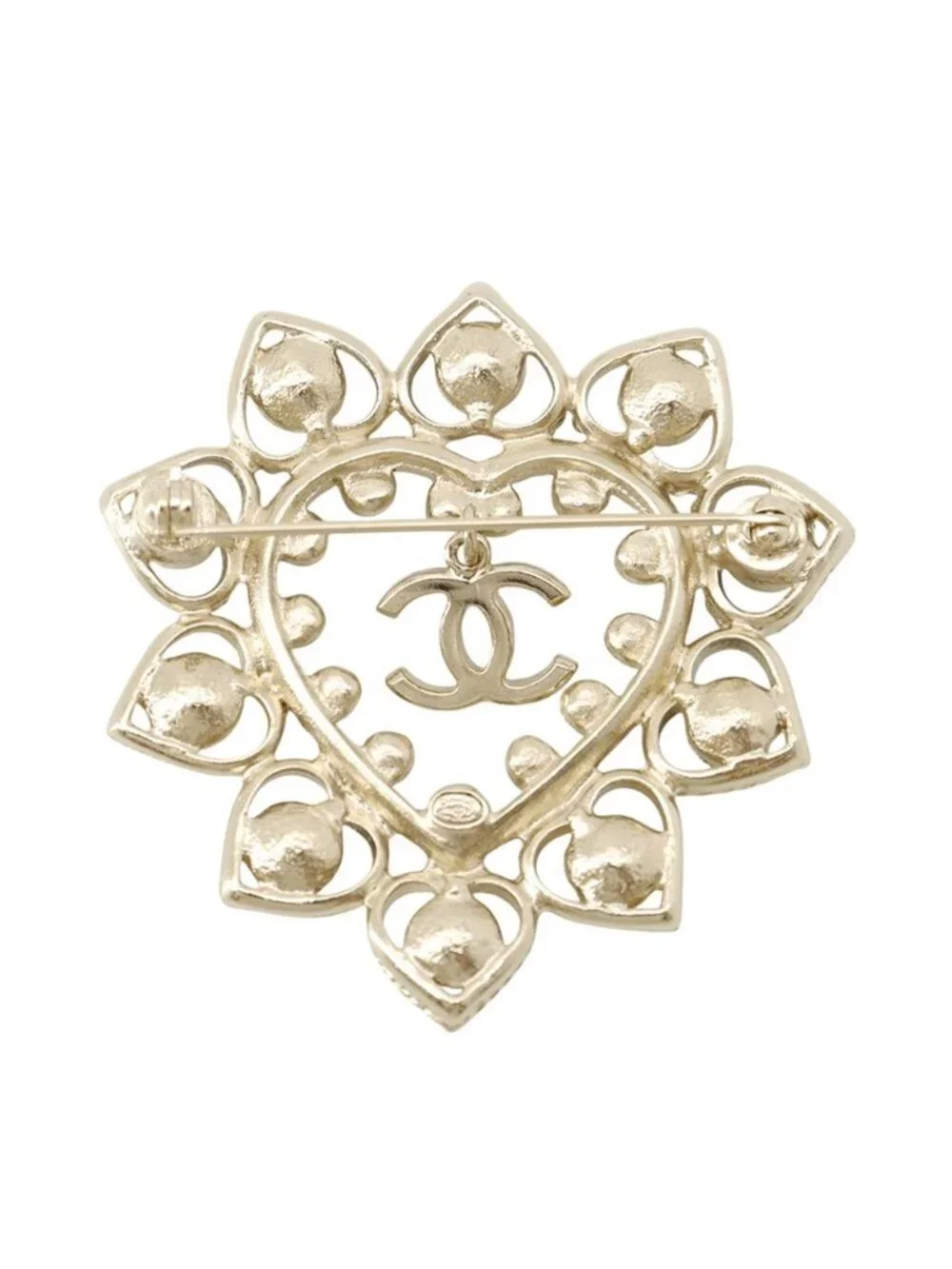 Chanel Brooch CC Logo Heart Rhinestone Faux Pearl Color Stone Metal